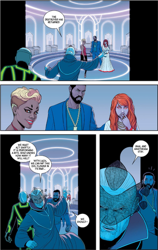 Matt Wilson changed the colors of Baal’s clothes to fit certain moods and storytelling goals.